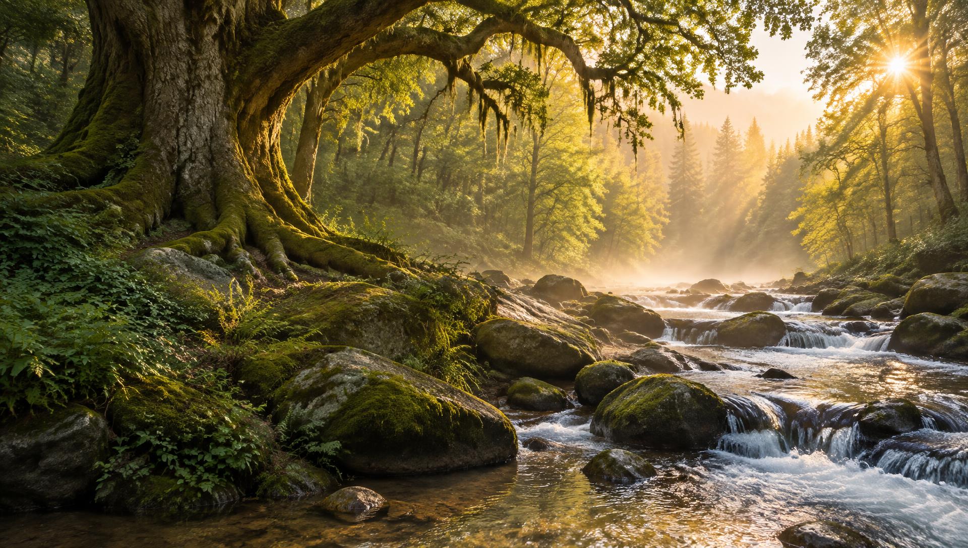 Ancient oak and stream in morning sun