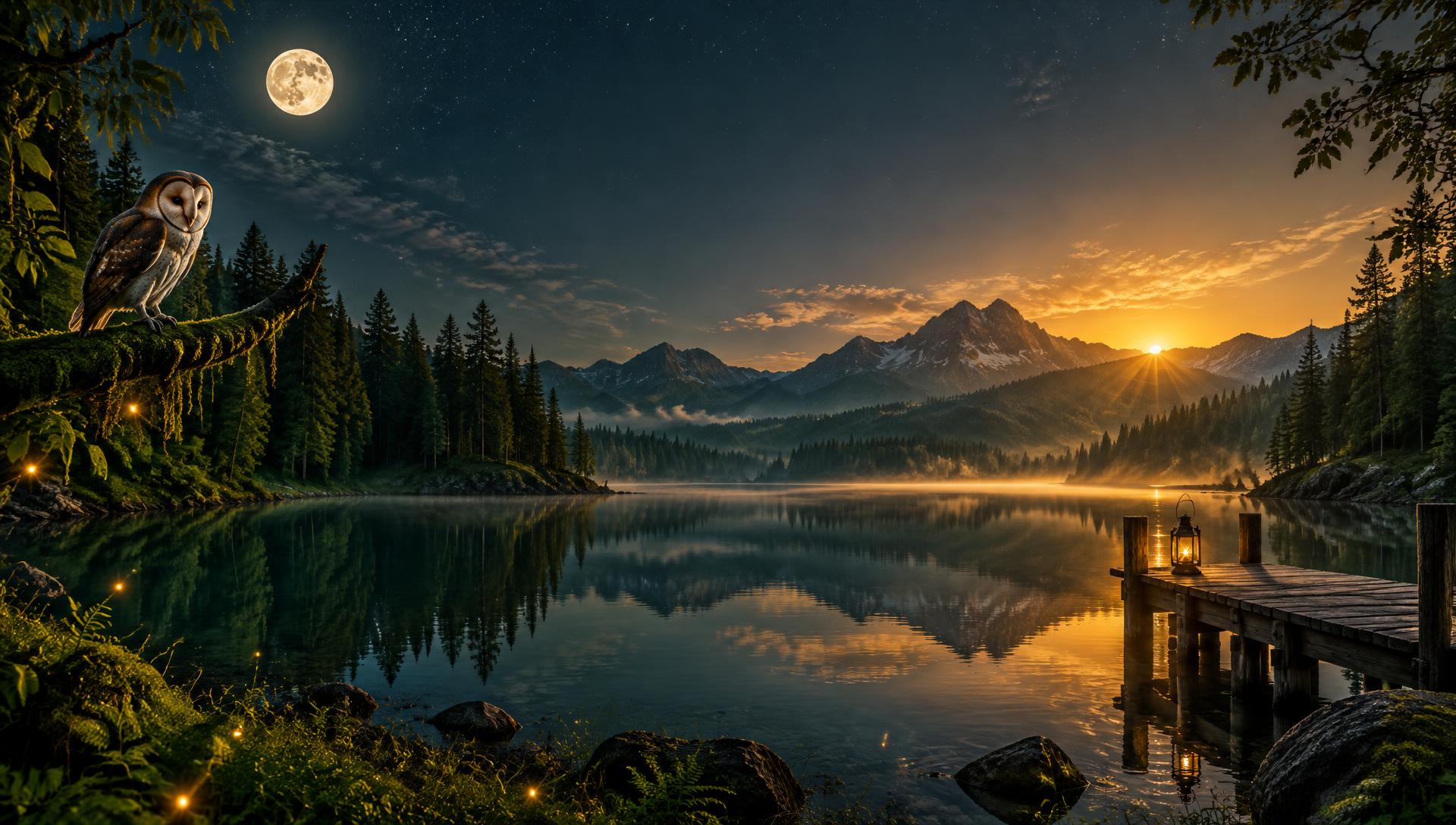 Forest lake under the full moon with an owl