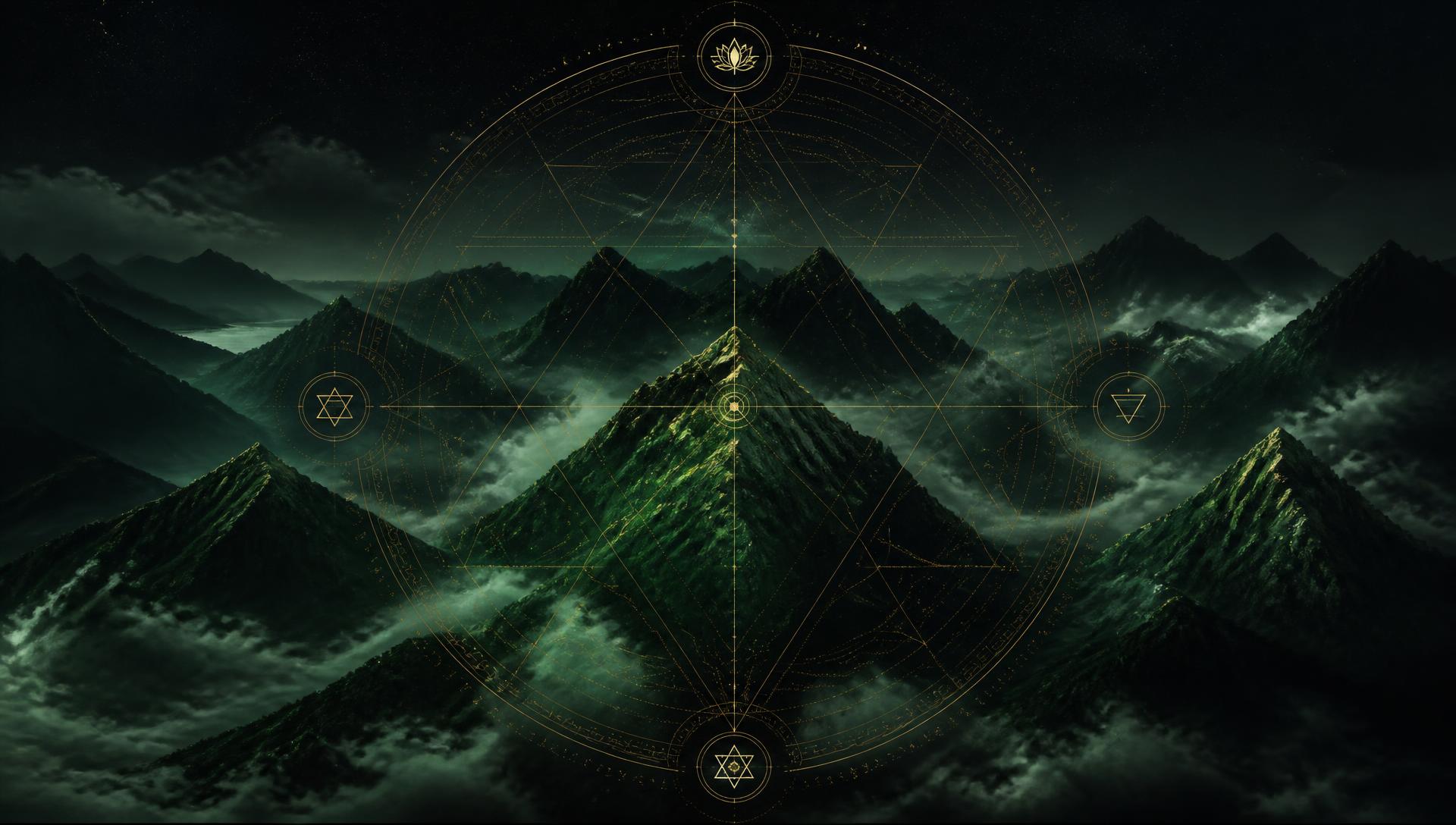 Aerial view of dark emerald mountains overlaid with golden sacred geometry