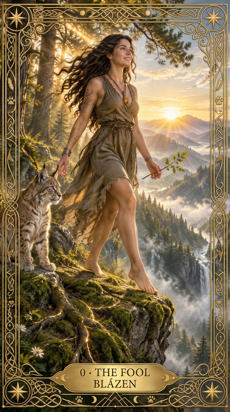 The Fool — a wild woman with a lynx on a mossy cliff